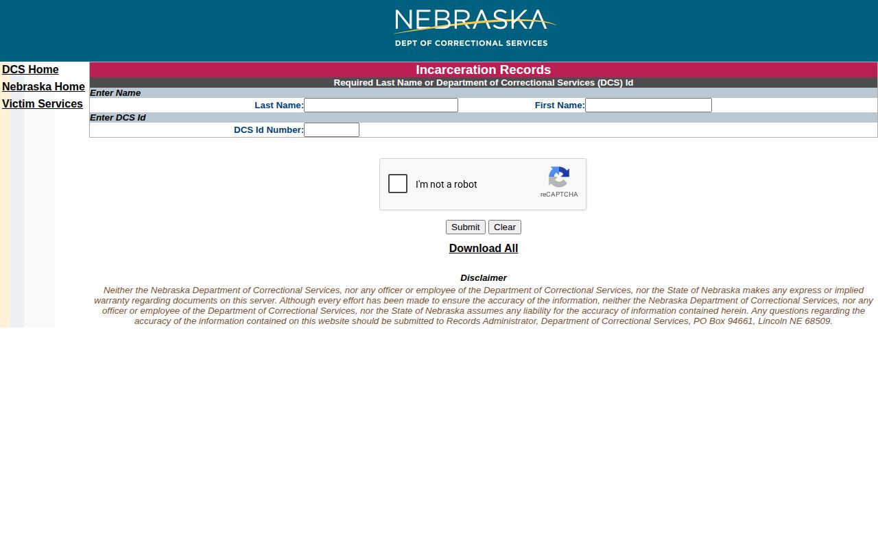 Nebraska Department of Correctional Services offender search form